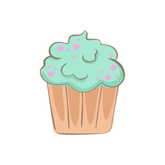 hand drawn cupcake with cream and topping. simple cartoon food illustration of cake