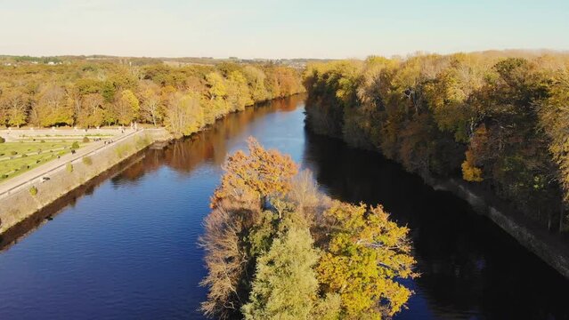 Beautiful aerial view of river Cher in Loire Valley on a nice and sunny fall day. Autumn season in France