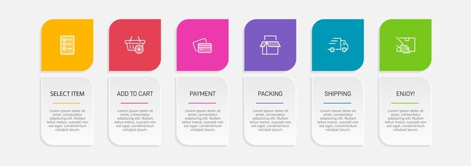 Concept of shopping process with 6 successive steps. Six colorful graphic elements. Timeline design for brochure, presentation, web site. Infographic design layout.