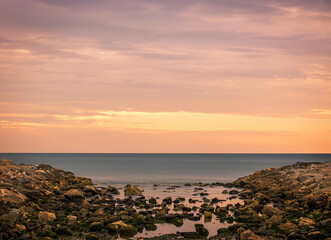 Sunrise on the beach of Guadalmar, province of Malaga, Andalusia, Spain.