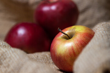 Apples with low depth of field. Red apples on burlap