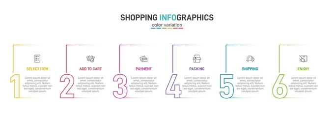 Concept of shopping process with 6 successive steps. Six colorful graphic elements. Timeline design for brochure, presentation, web site. Infographic design layout.