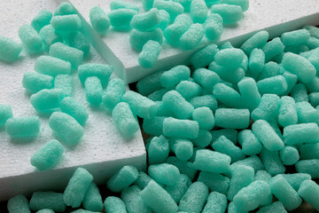 Polystyrene foam bead for packing. Plastic Styrofoam waste.