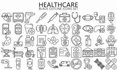 black outline icons set of health care and medicine theme, medical services, laboratory, clinic and hospital facilities. Used for web, UI, UX kit and applications, vector EPS 10 ready convert to SVG.