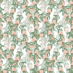 Seamless pattern of watercolor illustrations of flat peach branches on a white background