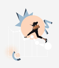 Contemporary art collage. Businesswoman, ambitious employee running upwards chart symbolizing company success and progress