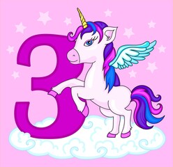 Unicorn on starry background.Magical unicorn. Vector design on pink background. Print for t-shirt. Romantic hand drawing illustration for children.Cute little unicorn with number three for birthday