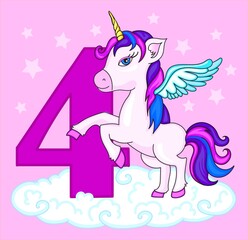 Unicorn on starry background.Magical unicorn. Vector design on pink background. Print for t-shirt. Romantic hand drawing illustration for children.Cute little unicorn with number four for birthday