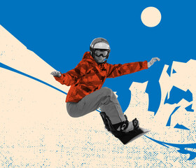 Contemporary art collage. Creative artwork. Professional sportsman, snowboarder in sportswear...