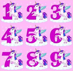 Cute set of numbers for birthday or holidays.Unicorn on a starry background. Magic unicorn. Vector design on a pink background. Print for t-shirt. Romantic hand drawn illustration for children. ..