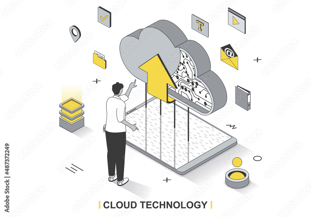 Leinwandbilder cloud technology concept in 3d isometric outline design. user uploads and shares files online, creat