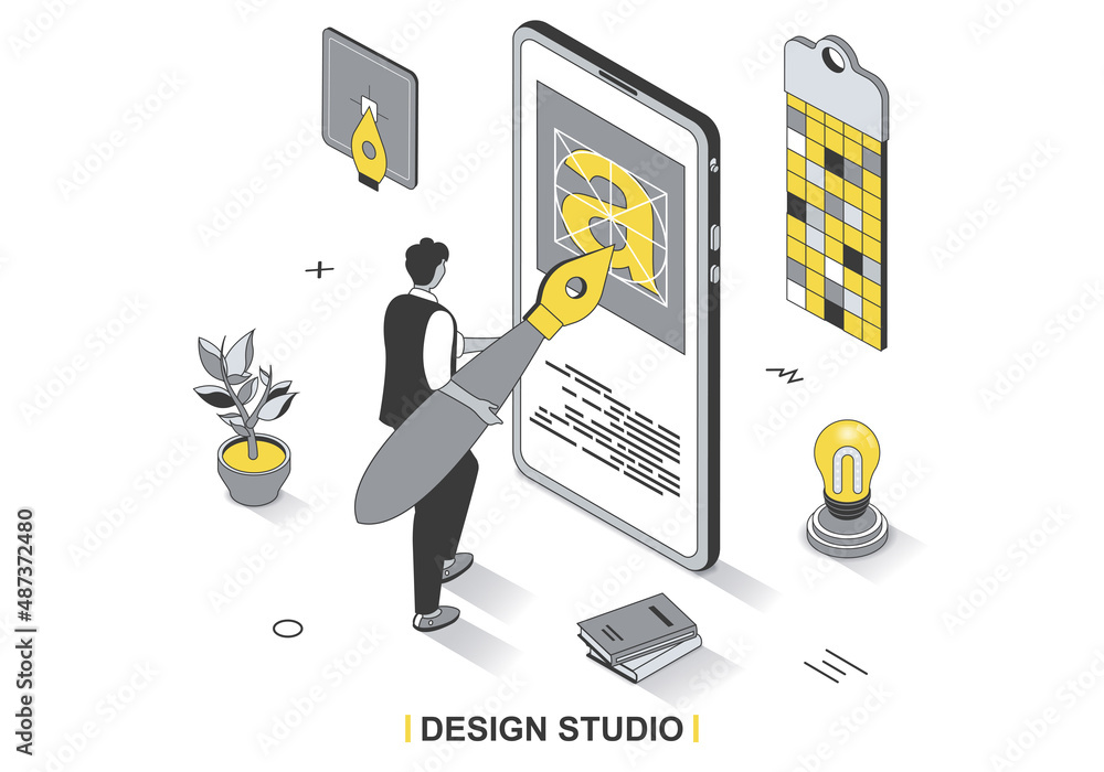 Leinwandbilder design studio concept in 3d isometric outline design. designer with huge brush draws graphic element
