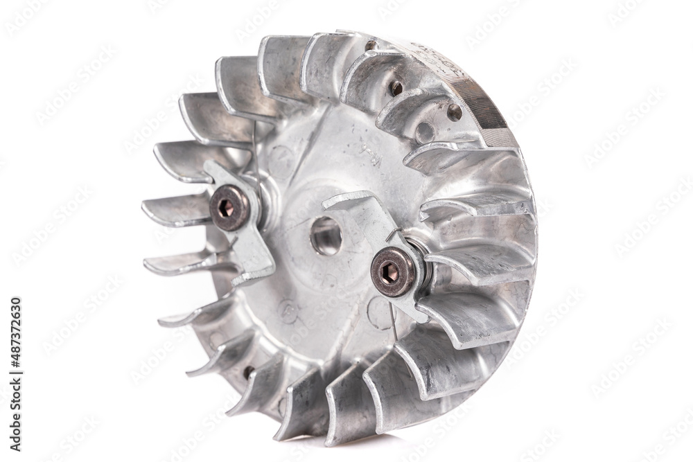 Wall mural new modern aluminum flywheel for a chainsaw on a white isolated background