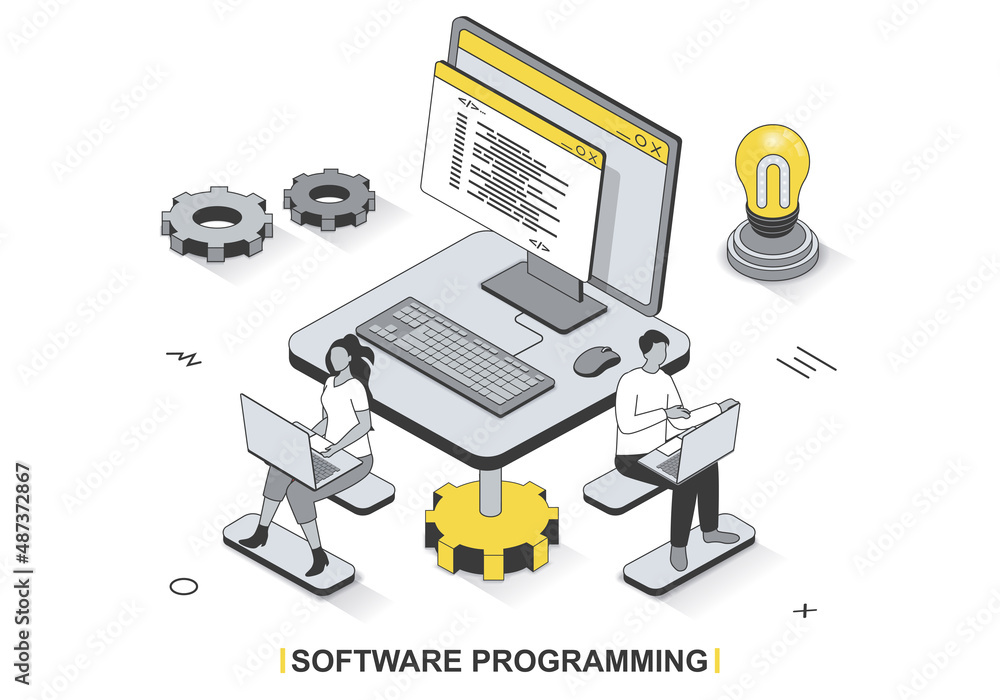 Poster Software programming concept in 3d isometric outline design. Development team programs, tests and optimizes computer programs, works in office, line web template. Vector illustration with people scene
