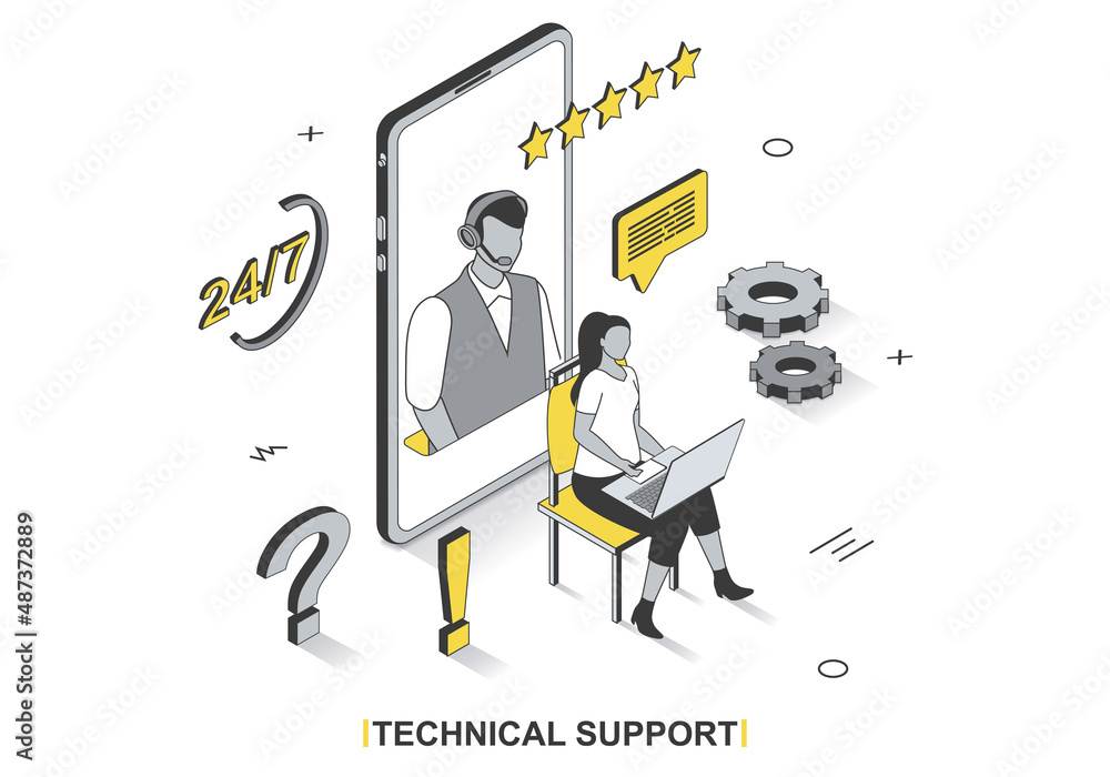 Aufkleber technical support concept in 3d isometric outline design. client writes chat to customer service ope