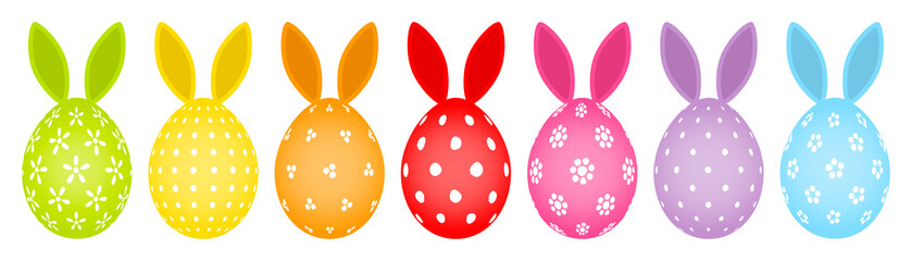 Set 7 Bemalte Ostereier Hasenohren Punkte/Blumen Bunt