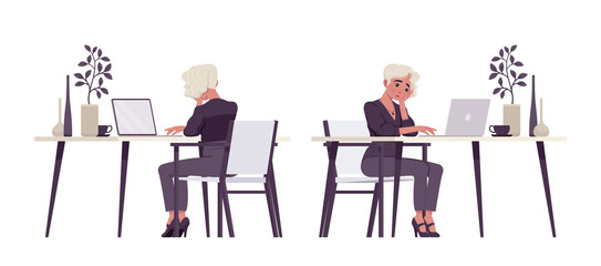 Beautiful blonde woman working in the office, business outfit. Office attire lady, professional chic work outfits. Vector flat style cartoon illustration isolated on background, front and rear view