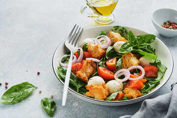 Panzanella, Italian Bread Salad. Traditional food of Italy with tomatoes, mozzarella balls, basil, onion and bread on light grey background. Traditional Italian cooking. Top view. Copy space.