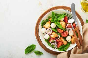 Panzanella Bread Salad. Traditional food of Italy with tomatoes, mozzarella balls, basil, onion and bread on plate on light background. Traditional Italian cooking. Top view. Copy space.