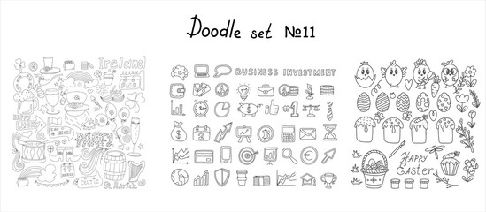 Easter, investment, business, saint patrick s day doodle collections. Vector hand drawings ilustration isolated Background. Big set of sketches