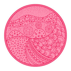Circle colored pattern on white. Zentangle. Hand drawn mandala on isolated background. Design for spiritual relaxation for adults. Print for flyers and banners. Vintage and retro style