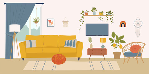 Comfortable chair, lamp and house plants. Scandinavian interior. Vector flat cartoon illustration