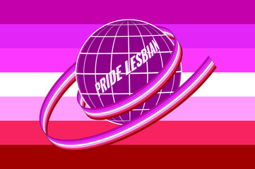 Women's lesbian subculture symbol. Vector illustration. The ground, painted in the colors of the flag, is wrapped in a ribbon with the official flag of the LGBT community.