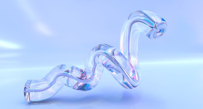 Glass rainbow spiral tube with dispersion effect, crystal iridescent composition, abstract wavy shape with holographic gradient, clear liquid object isolated on blue background, 3d render illustration
