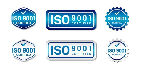 ISO 9001 Certified Label Stamp. International Quality Management System Sign. With check icon. On gradient blue and white color. Premium and luxury emblem vector template
