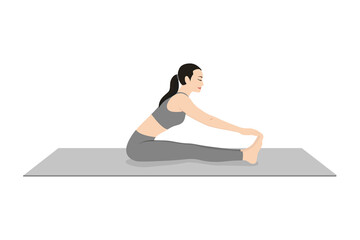 Staff Hand To Big Toe Pose I. Beautiful girl practice Padangustha Dandasana I. Young attractive woman practicing yoga exercise. working out, black wearing sportswear, grey pants and top, indoor full