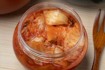 Glass jar with traditional Korean Kimchi