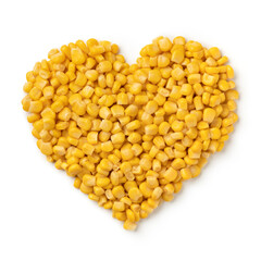 Fresh cooked yellow corn seeds in heart shape isolated on white background