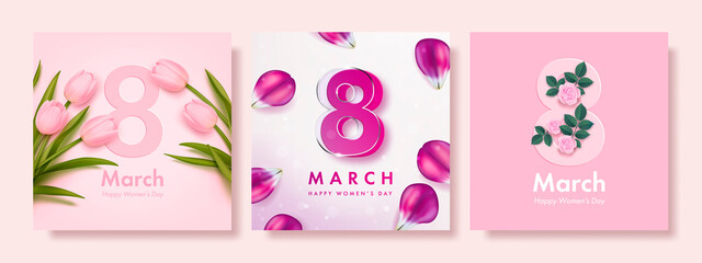 Set of women's day banner. 8 march holiday background with realistic petals and flowers. Vector illustration for poster, greeting cards, booklets, promotional materials, website - obrazy, fototapety, plakaty