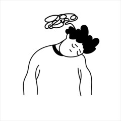 Sad male character. Depressive thoughts. A confused mind. Vector hand-drawn illustration in the style of doodles on an isolated white background.