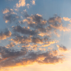 Colored cloudy sky at sunset. Gradient of colors. Sky texture, abstract nature background