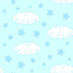 Cute sky pattern. Seamless vector design with stars .Baby illustration .pattern of The blue sky and white cloud that is cute  Modern design flat style Used for publication, gift wrap, textile...