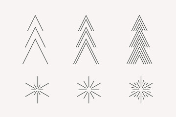 Snowflake and fir tree icons. Set of 6 geometric shape. Modern linear design sign.  Modern abstract linear shape and new year's traditional decor elements.  