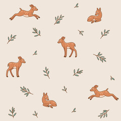 Simple trendy pattern with fawn and branch. Flat vector illustration for prints, clothing, packaging and postcards. 