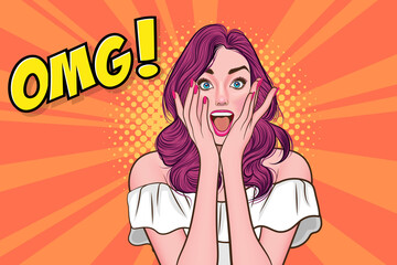 surprised woman shocking say OMG - obrazy, fototapety, plakaty