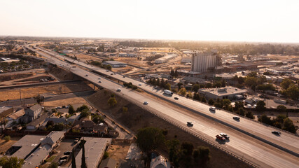 Sunset aerial view of the historic downtown district of Fresno, California, USA. - obrazy, fototapety, plakaty