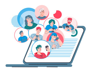 Open laptop with online chat avatars. Online communication and social networking.