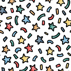 Confetti seamless pattern texture. Bright colorful birthday party confetti seamless pattern isolated on white. Cute hand drawn doodle style firework confetti backdrop wallpaper design template.