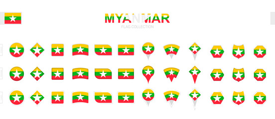 Large collection of Myanmar flags of various shapes and effects.