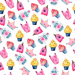 seamless watercolor pattern on a holiday theme with cupcakes, pink monsters for creating postcards, holiday packaging for birthday decoration