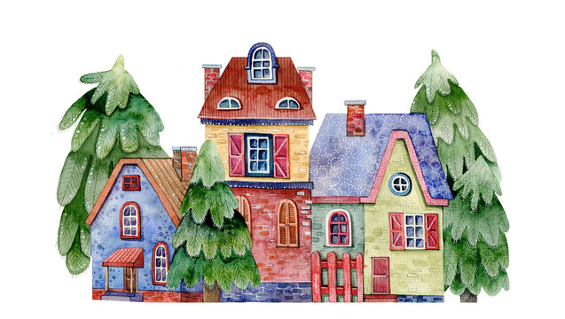 watercolor illustration with houses among the fir trees on a white background for creating cards, prints and cute images