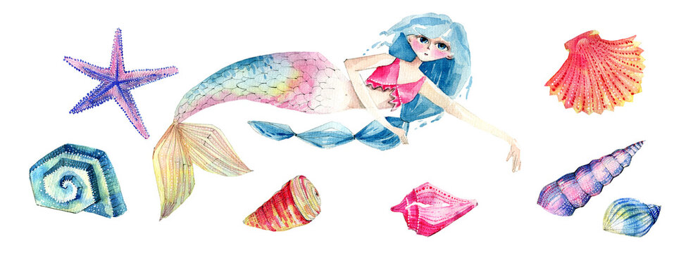 watercolor set with a mermaid and colorful seashells for creating textures, cards and decorations for children's parties, decorations in a marine theme
