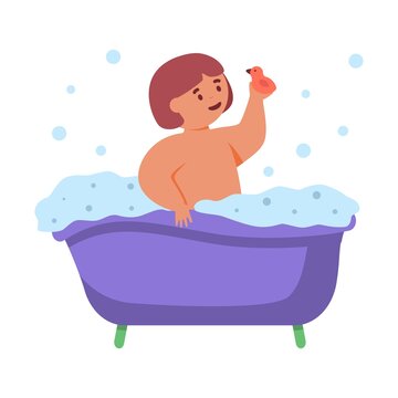 Cute little girl taking bath full of soapy foam.