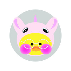 Popular soft toy yellow lalafanfan duck wearing a pink kigurumi unicorn and round glasses on a white background