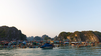 panorama of floating houses at Cat ba island at sunset, Vietnam