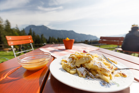 kaiserschmarrn, traditional snaks on farm in bavarian mountains (Brotzeit)